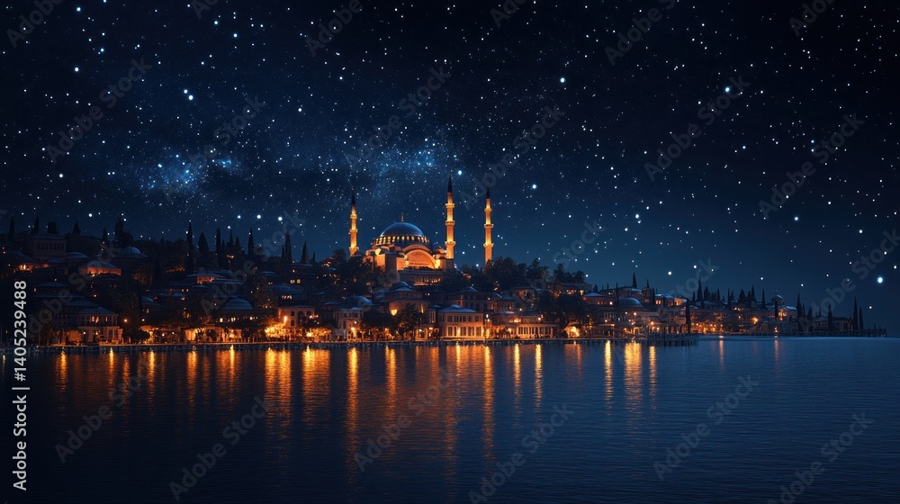 Obraz premium View to Eminonu pier and Suleymaniye mosque across Bay of Golden Horn on starry night