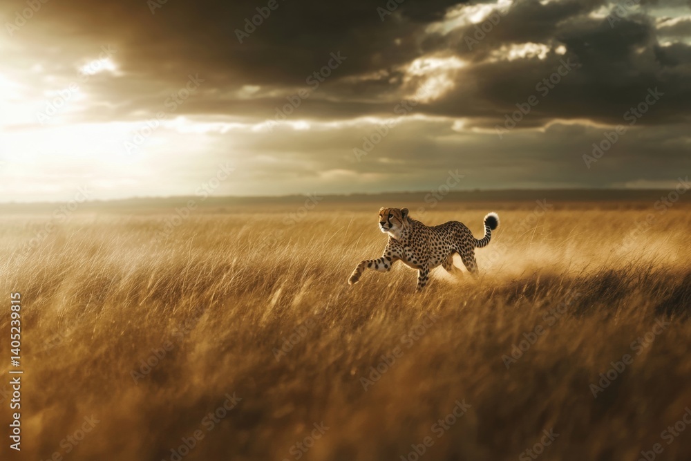 Golden cheetah sprints across a savanna at sunset.
