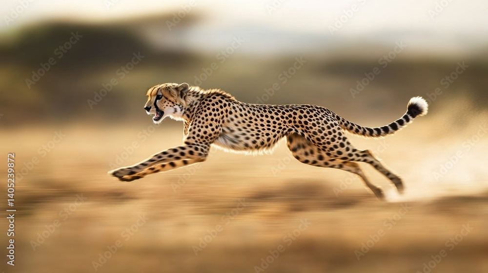 Fast-moving cheetah in a golden savanna.