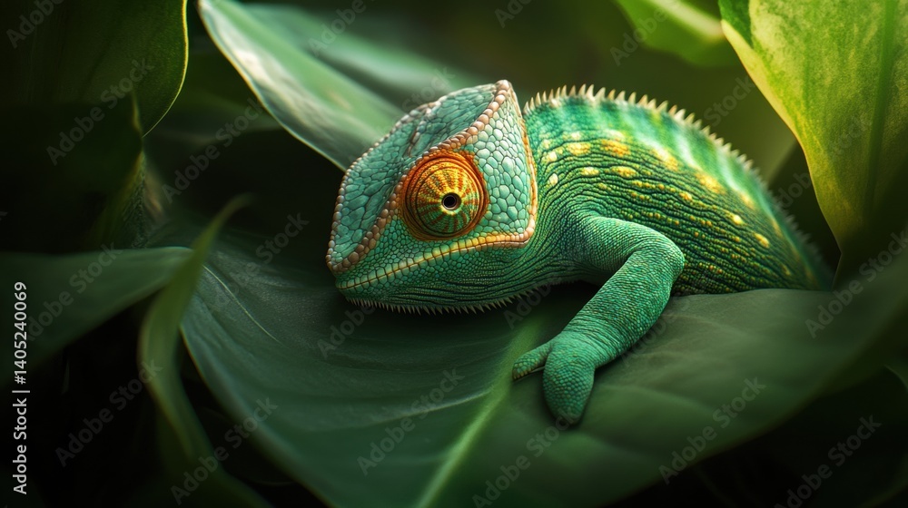 Vibrant green chameleon nestled amidst lush foliage.