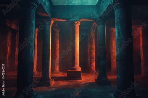 Obraz na płótnie Ancient, subterranean chamber illuminated by vibrant hues. w salonie