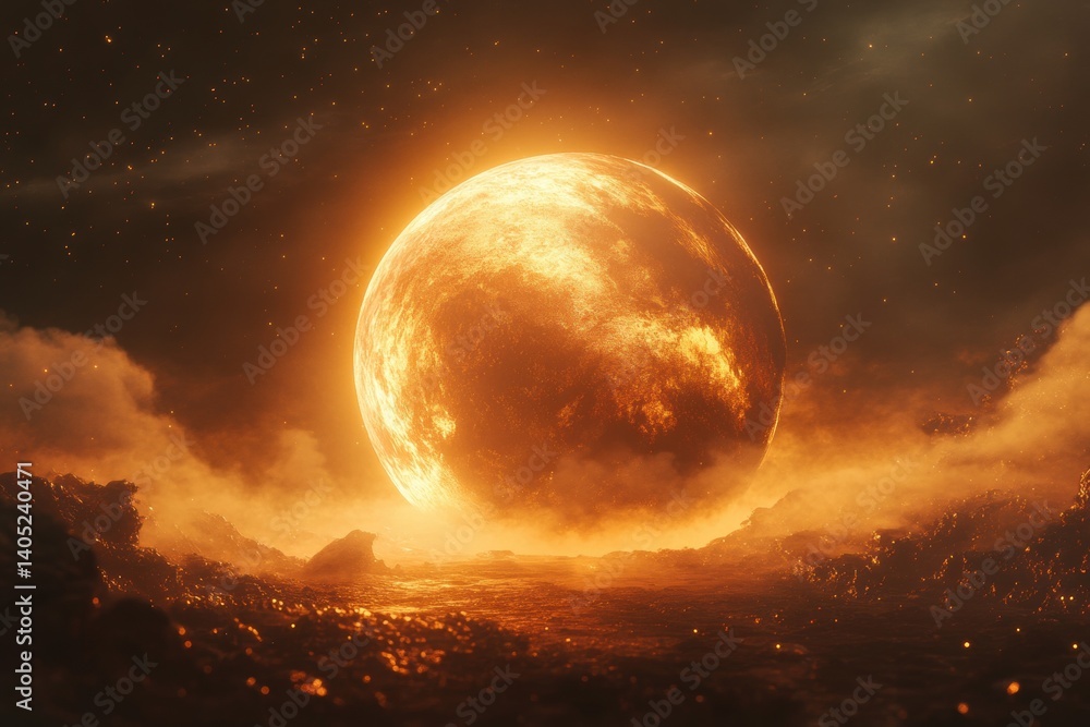 Fiery celestial orb dominates a desolate, fiery landscape.