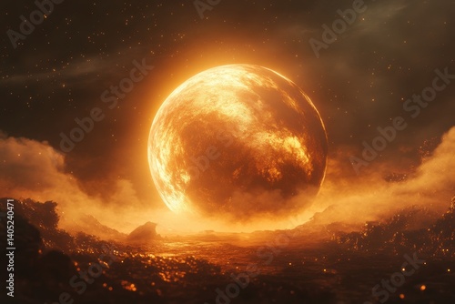 Fiery celestial orb dominates a desolate, fiery landscape.