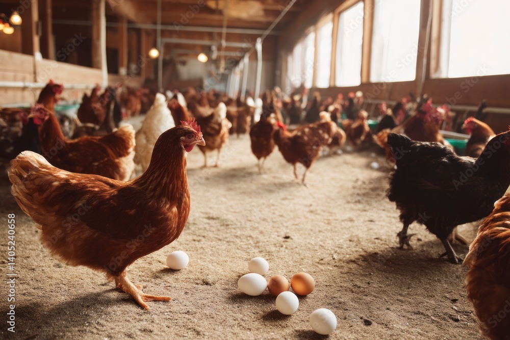 Chickens and Eggs in a Farm Setting with Indoor Lighting
