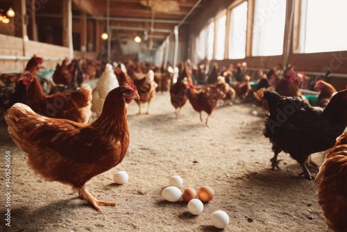 Obraz na płótnie Chickens and Eggs in a Farm Setting with Indoor Lighting w salonie