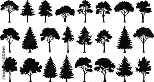 Collection of various tree silhouettes including pine, oak, and other deciduous and coniferous trees in a balanced arrangement