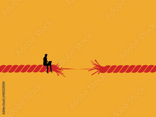 Crisis, Last Second, Businessman Working on Laptop on a Rope About to Break