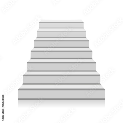 White staircase realistic illustration, isolated on white background. White stairs blank mockup. Front view of white staircase. Steps up. A symbol of the Achievements. Front view of white staircase
