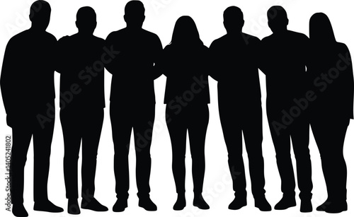 Silhouettes of seven individuals standing in a row, symbolizing unity, teamwork, and collective identity in a minimalist composition