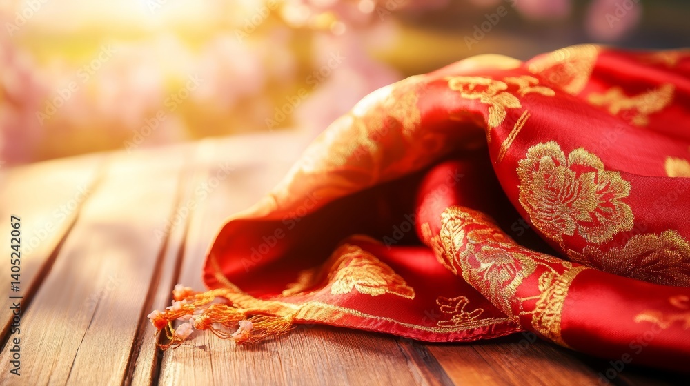 Fototapeta premium Vibrant red silk scarf with golden embroidery symbolizes youth and hope, set against blooming cherry blossoms.