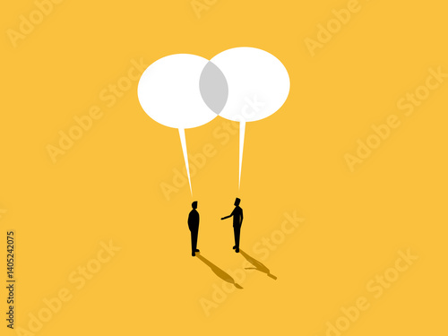 Same idea, two businessmen negotiating with big speech bubbles next to each other
