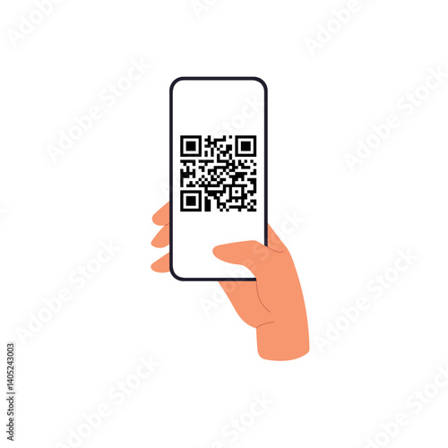 Hand holding mobile phone, qr code scanning app,  smartphone screen isolated on white. Flat vector illustration