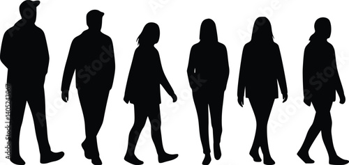 Silhouettes of six individuals walking with distinct postures, symbolizing movement, diversity, and everyday human activity