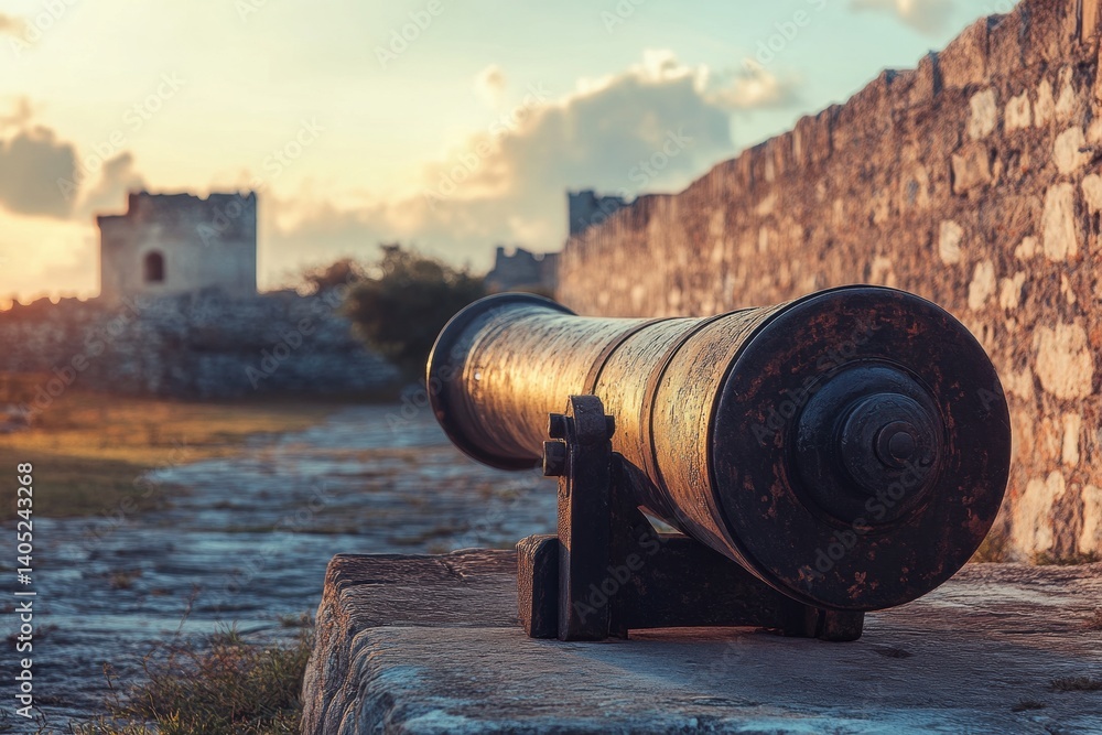 Aged cannon rests against a historic fort wall at sunset.
