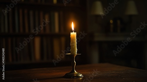 Single candle illuminates a dimly lit antique library.