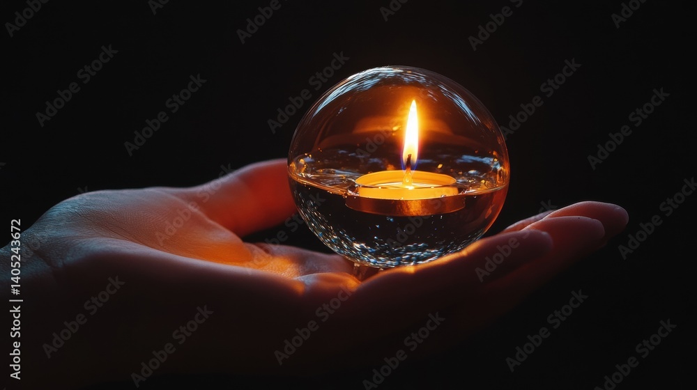 A glowing candle held within a crystal orb.