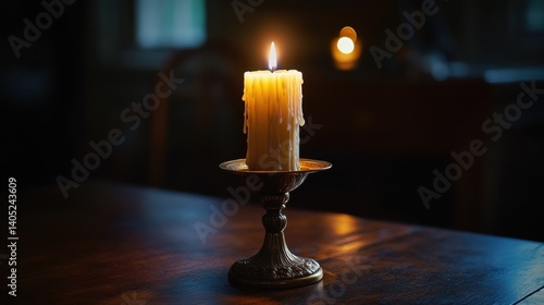 Flickering candle in antique brass holder on a wooden table.