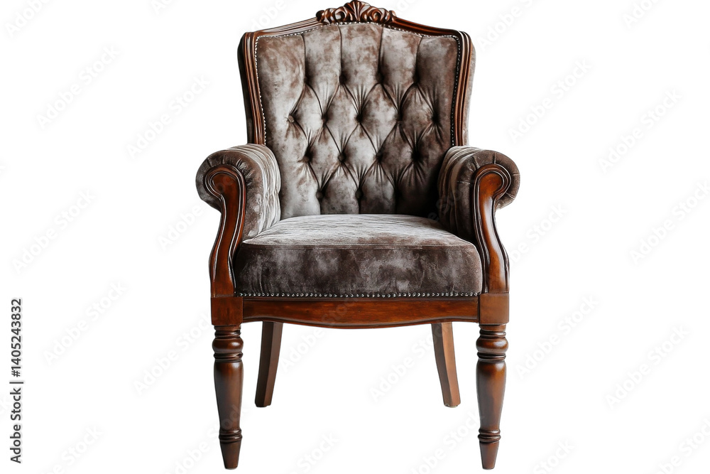 Fototapeta premium Elegant antique armchair dark wood frame with plush gray velvet upholstery button tufting detail isolated on black