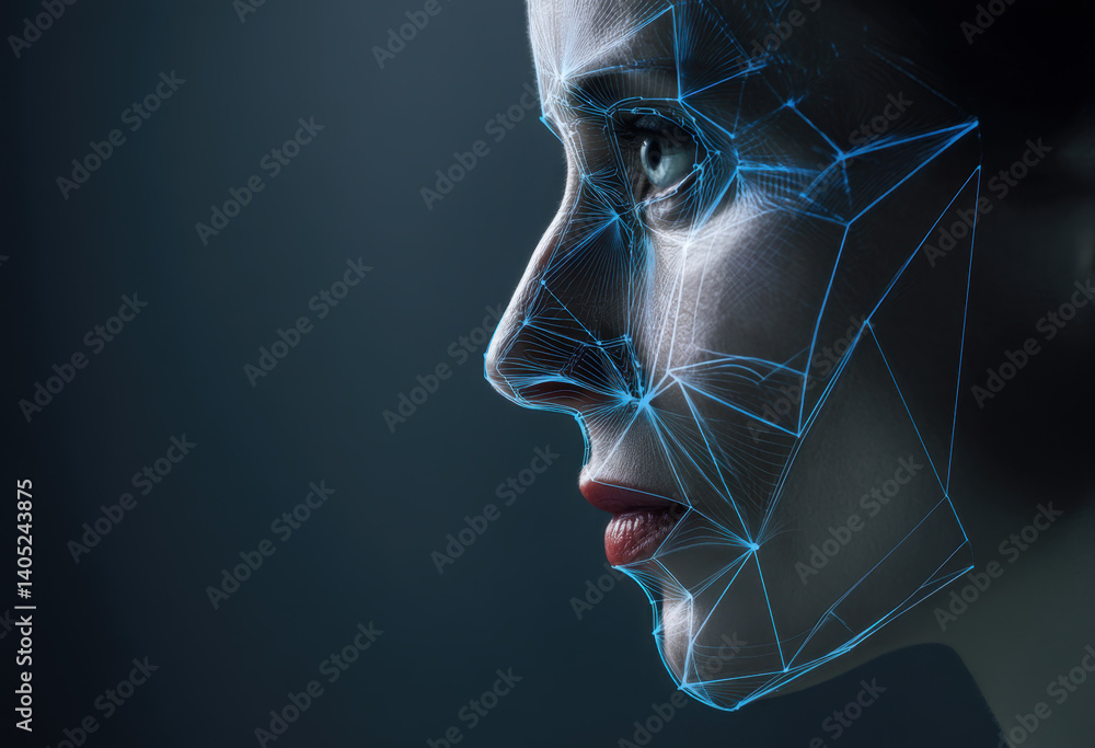 Obraz premium A woman's profile shows intricate geometric patterns of light overlaying her face, creating a digital effect in a dark environment