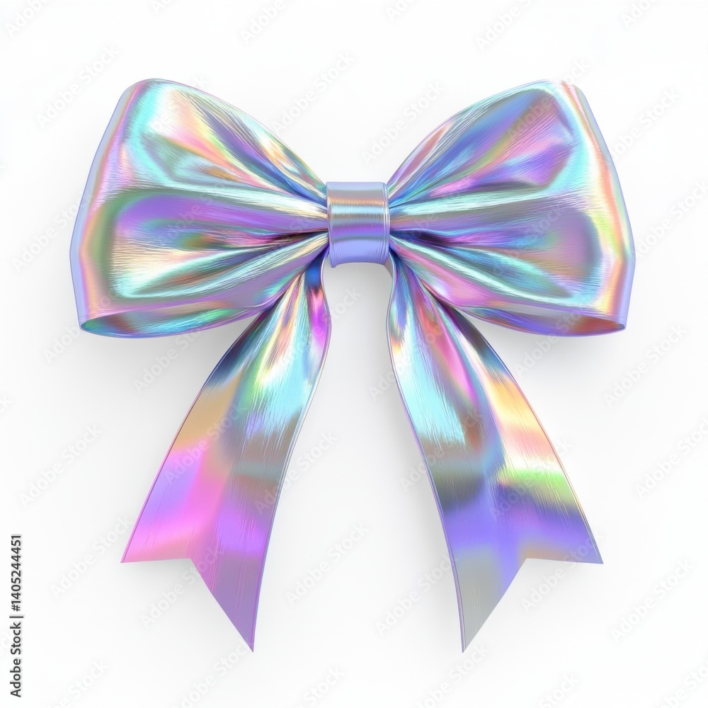 A shiny, iridescent bow with flowing ribbons, showcasing a blend of pastel colors. A shiny, iridescent bow with flowing ribbons, showcasing a blend of pastel colors.