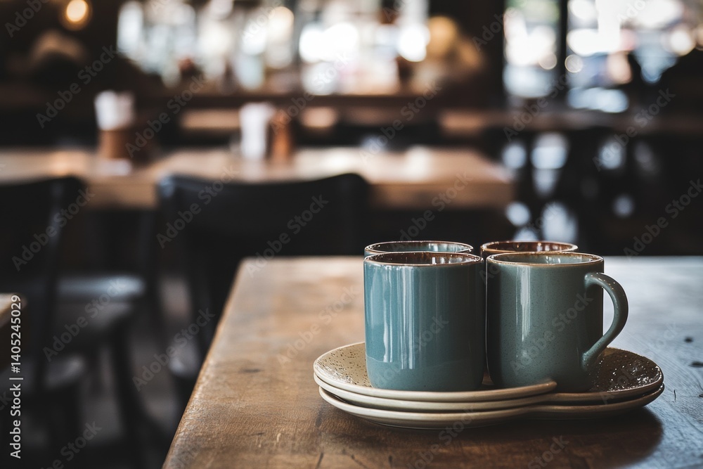 Four teal-colored coffee cups on a wooden table in a busy cafe.