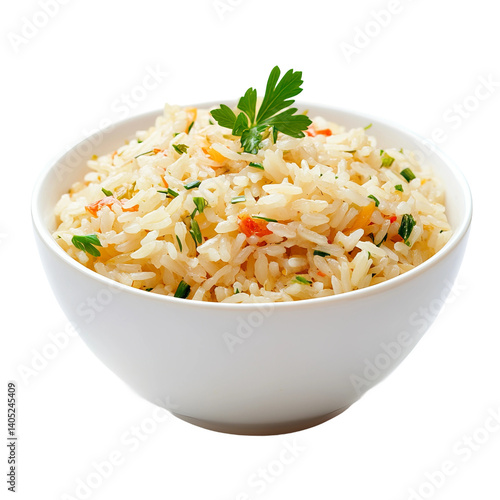 steamed rice pilaf in ceramic bowl side perspective
