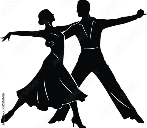 Silhouette of two dancers gracefully moving together in a ballroom-style performance, showcasing elegance and fluid motion