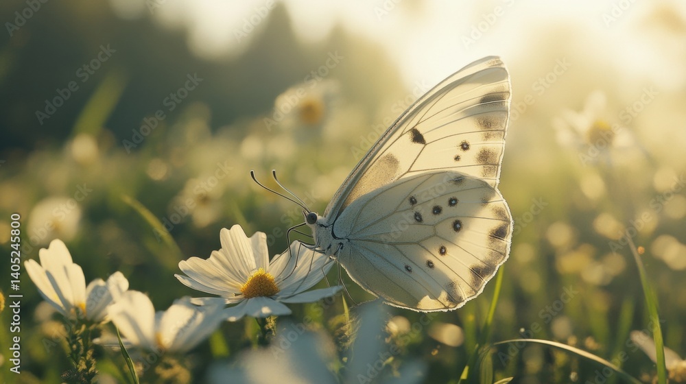 Delicate white butterfly amidst a meadow of daisies.