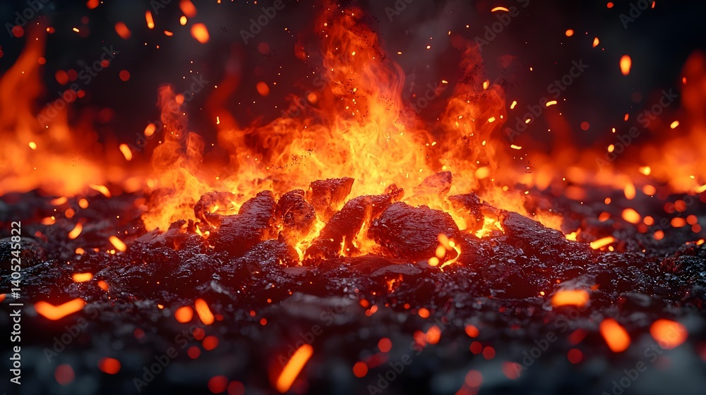 Fiery volcanic eruption with glowing lava and embers Fiery volcanic eruption with glowing lava and embers