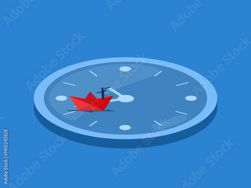 Businessman holding a telescope sailing on a clock