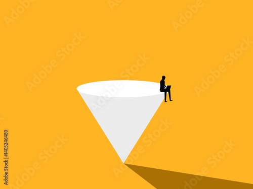 Work life balance, Businessman sit and work on laptop balance on conic triangle