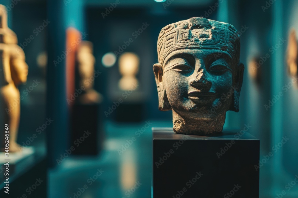 Ancient stone Buddha head displayed in a museum.