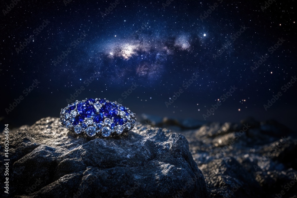 Celestial brooch, nestled among dark rocks, under a star-studded sky.