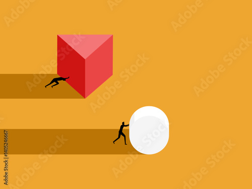Businessmen compete to push objects, compare different strategies easy and hard