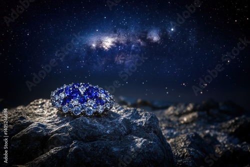 Obraz na płótnie Celestial brooch, nestled among dark rocks, under a star-studded sky. w salonie