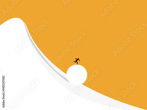 Businessman on the snowball rolls from the top of the mountain getting bigger and bigger