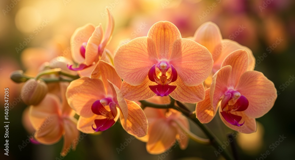Fototapeta premium Peach-colored orchids with red and white centers bathed in golden sunlight