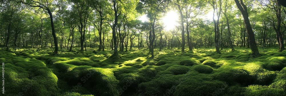 Fototapeta Verdant Moss Carpet Under Canopy of Trees Bathed in Sunlight Through the Forest