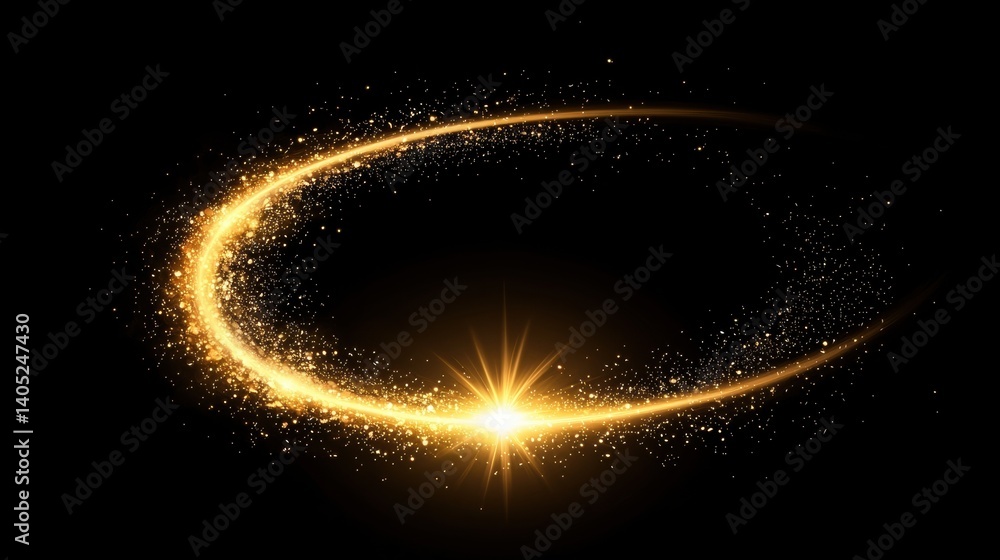 Obraz premium A radiant, golden aura of light and sparkles, forming an elegant, curved shape against a stark black background.