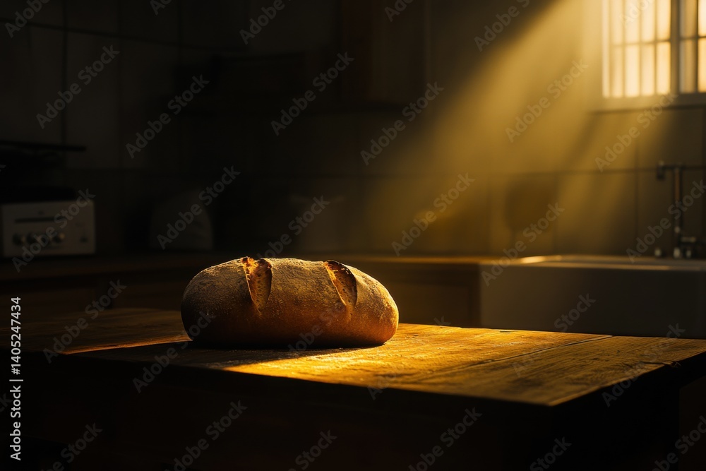 Golden loaf of bread illuminated by sunlight.