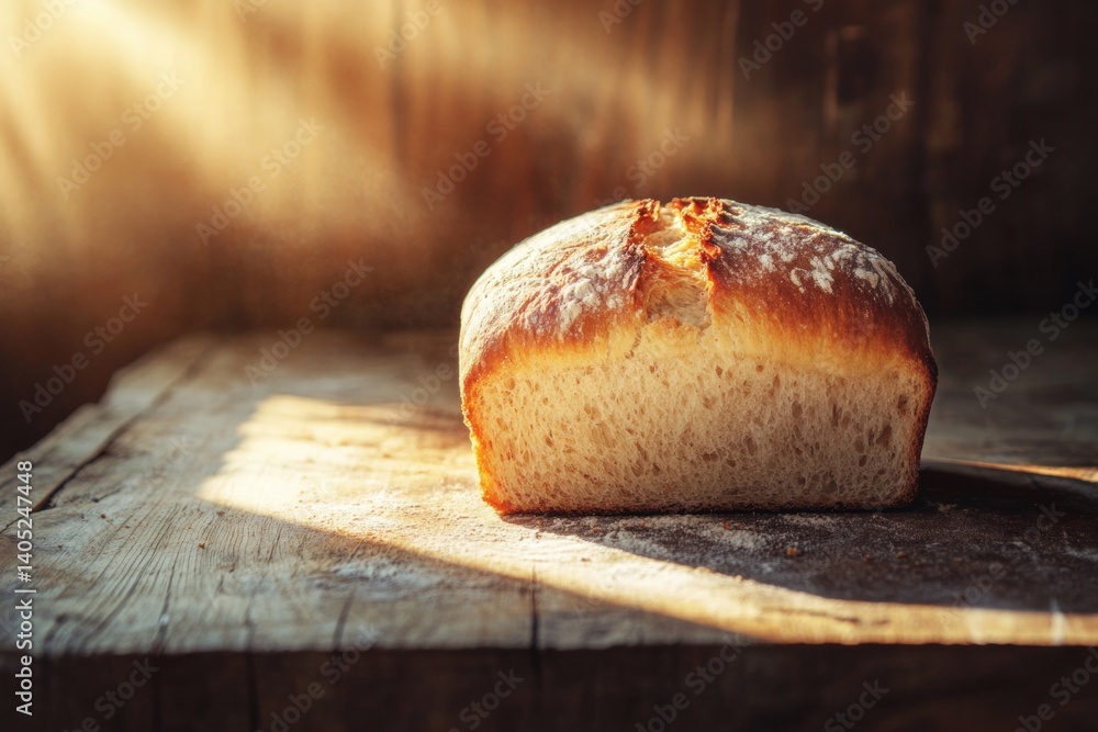 Rustic loaf of bread illuminated by sunlight.