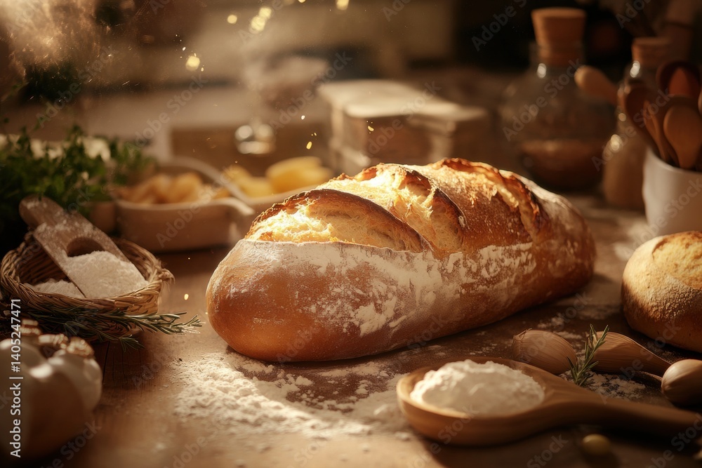 Freshly baked loaf of bread surrounded by kitchen ingredients.