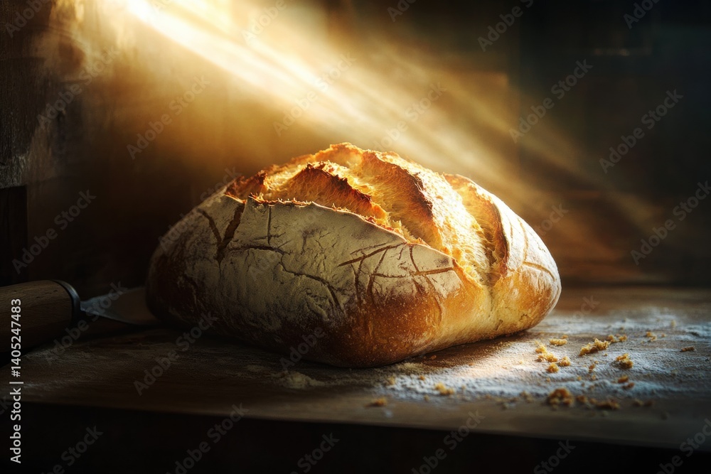Golden artisan loaf of bread bathed in light.