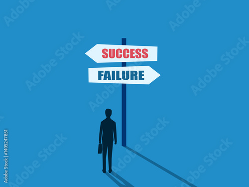 Businessman thinks of choosing signs to lead to success or failure