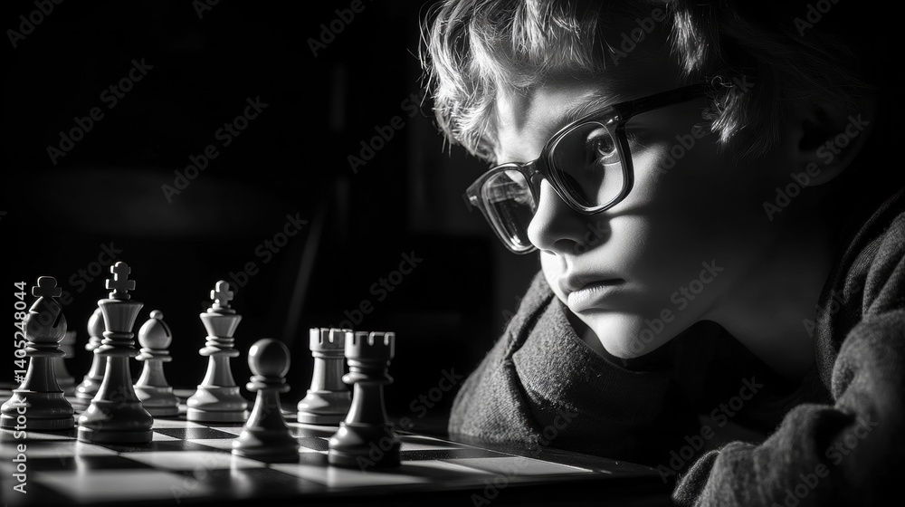Focused boy in contemplation during a chess game.