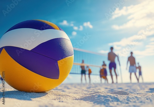 Vibrant qualities of volleyball on the beach with players in the background