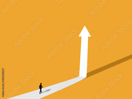 Follow the goal, businessman walks along the arrow to grow