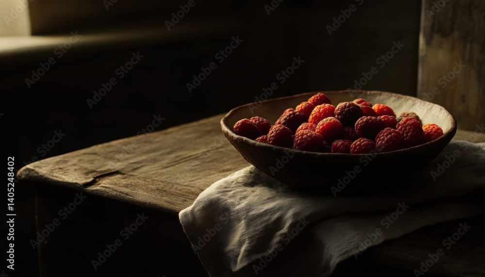 A rustic bowl of vibrant raspberries on a weathered table.