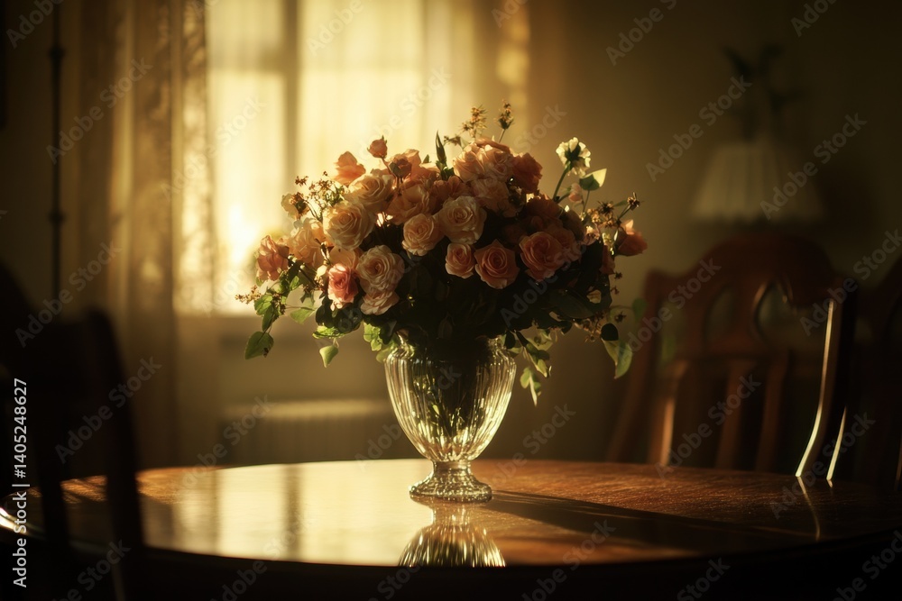 A bouquet of roses in a glass vase, bathed in sunlight.