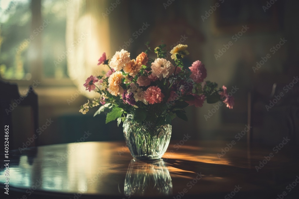 Vibrant floral arrangement in a glass vase, bathed in sunlight.